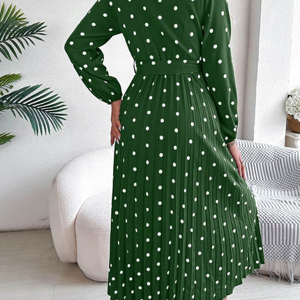 Tied Polka Dot Long Sleeve Midi Dress - MimiStylez