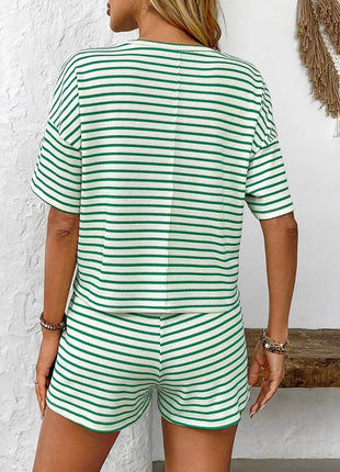 Striped Round Neck Short Sleeve Top and Shorts Set - MimiStylez