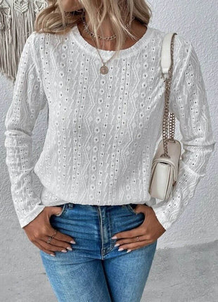 Eyelet Round Neck Long Sleeve Blouse - MimiStylez