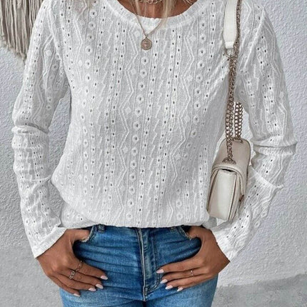 Eyelet Round Neck Long Sleeve Blouse - MimiStylez