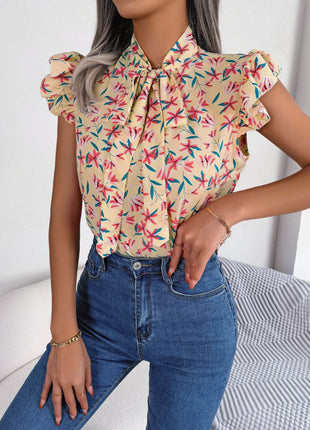 Floral Tie Neck Flutter Sleeve Blouse - MimiStylez
