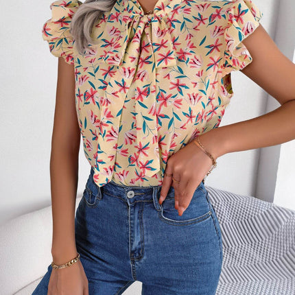 Floral Tie Neck Flutter Sleeve Blouse - MimiStylez