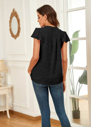 Swiss Dot Notched Cap Sleeve Blouse - MimiStylez