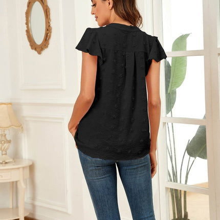 Swiss Dot Notched Cap Sleeve Blouse - MimiStylez