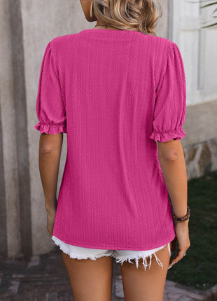 Textured Notched Flounce Sleeve Blouse - MimiStylez