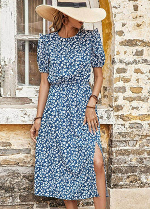 Floral Round Neck Split Midi Dress - MimiStylez
