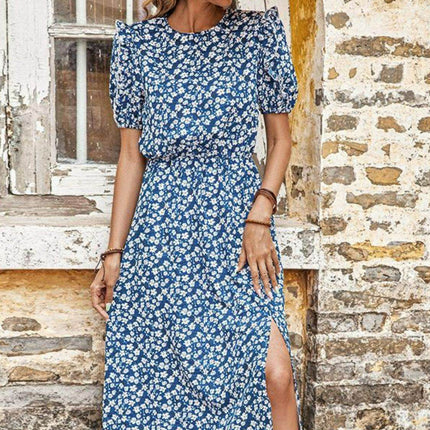 Floral Round Neck Split Midi Dress - MimiStylez