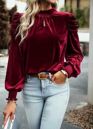 Tie Up Mock Neck Velvet Fabric Long Sleeve Blouse - MimiStylez