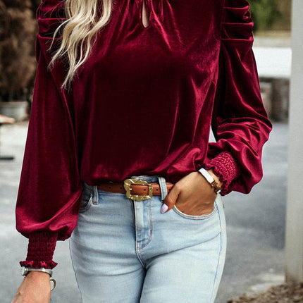 Tie Up Mock Neck Velvet Fabric Long Sleeve Blouse - MimiStylez