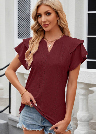 Eyelet Notched Flutter Sleeve T-Shirt - MimiStylez
