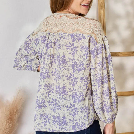 Hailey & Co Full Size Lace Detail Printed Blouse - MimiStylez