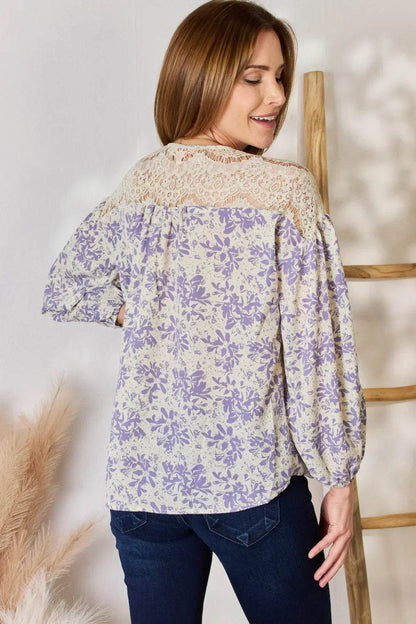Hailey & Co Full Size Lace Detail Printed Blouse - MimiStylez