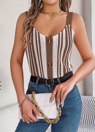 Openwork Striped V-Neck Tank - MimiStylez