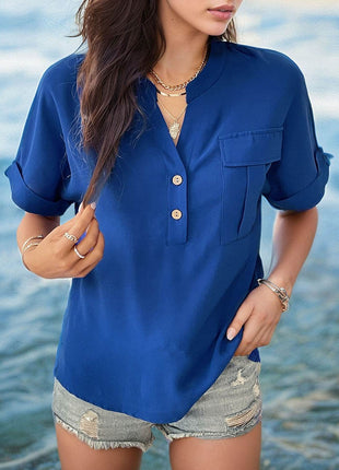 Buttoned Notched Short Sleeve Blouse - MimiStylez