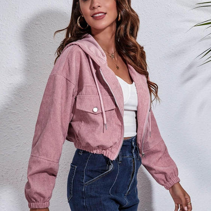 Drawstring Hooded Zip Up Jacket with Pockets - MimiStylez