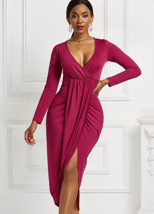 High-low Ruched Surplice Long Sleeve Dress - MimiStylez