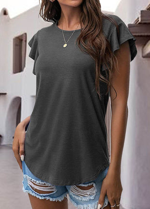 Ruffled Round Neck Cap Sleeve Blouse - MimiStylez