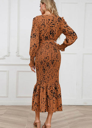 Printed V-Neck Smocked Midi Dress - MimiStylez