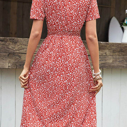 Ditsy Floral Button Front Tied Puff Sleeve Dress - MimiStylez