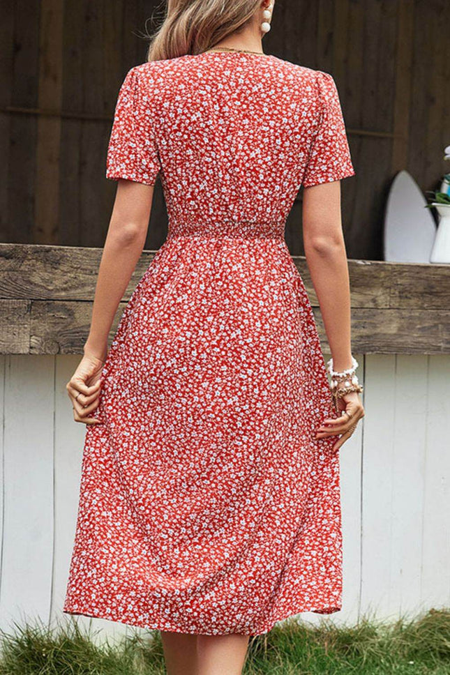 Ditsy Floral Button Front Tied Puff Sleeve Dress - MimiStylez