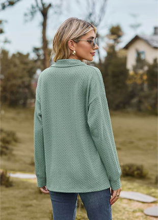 Collared Neck Cable-Knit Long Sleeve Blouse - MimiStylez