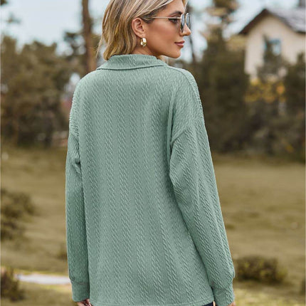 Collared Neck Cable-Knit Long Sleeve Blouse - MimiStylez