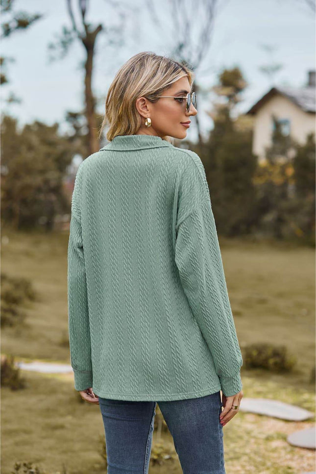 Collared Neck Cable-Knit Long Sleeve Blouse - MimiStylez