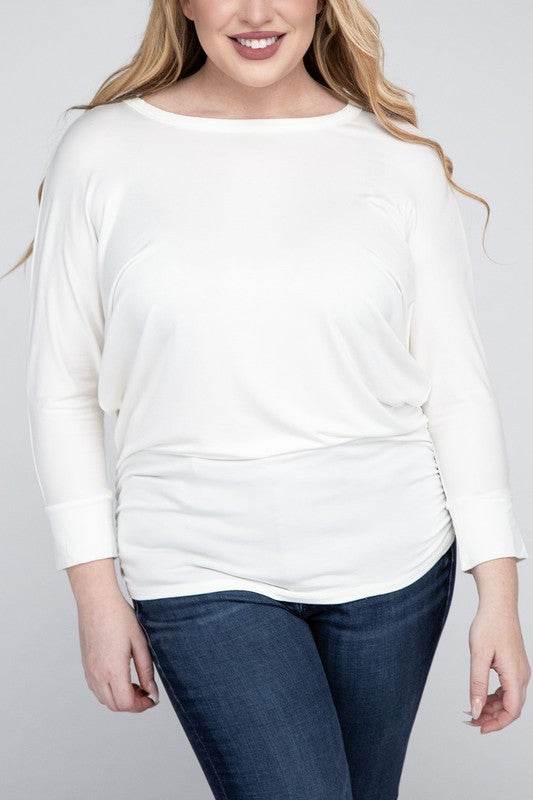 Plus Luxe Rayon Boat Neck 3/4 Sleeve Top - MimiStylez