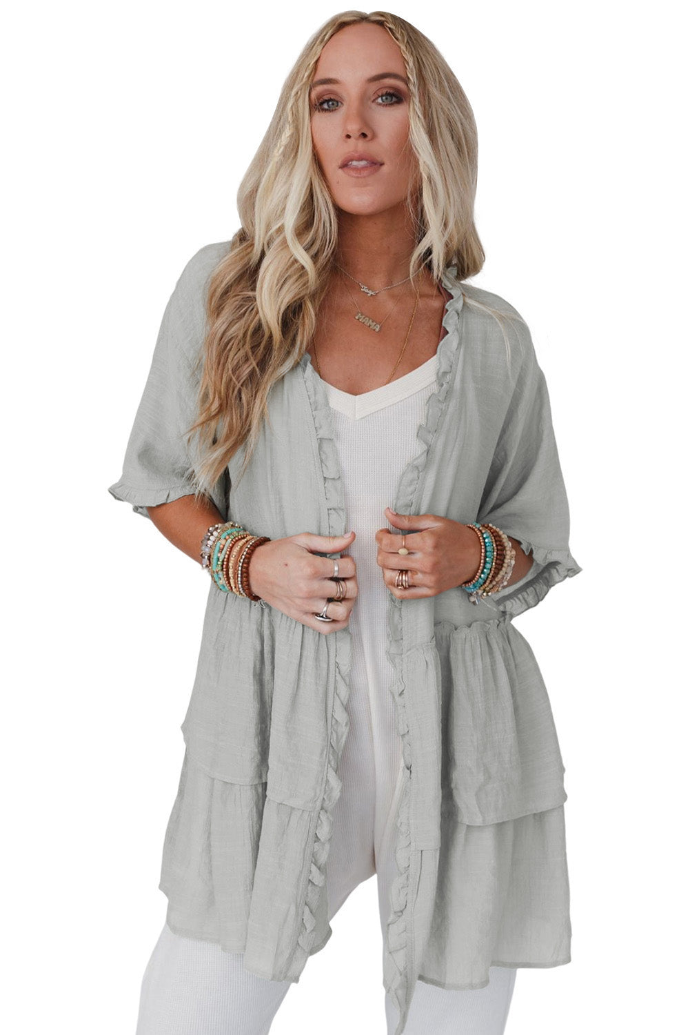 Pink Ruffled Trim Half Sleeve Open Front Kimono