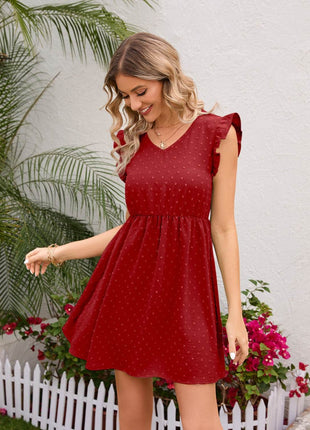 Swiss Dot Ruffled V-Neck Dress - MimiStylez