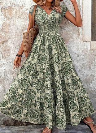 Women's Sexy V-Neck Short Sleeve Maxi Dress Summer Prints And Flowy Big Hem Beach Dresses - MimiStylez