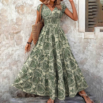 Women's Sexy V-Neck Short Sleeve Maxi Dress Summer Prints And Flowy Big Hem Beach Dresses - MimiStylez