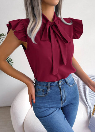 Tie Neck Cap Sleeve Blouse - MimiStylez