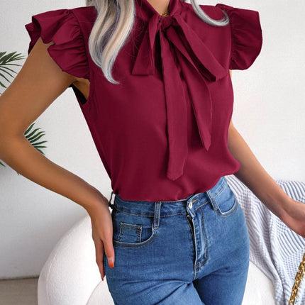 Tie Neck Cap Sleeve Blouse - MimiStylez