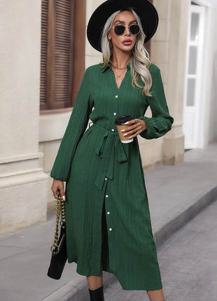 Perfee Texture Tied Collared Neck Button Front Dress - MimiStylez