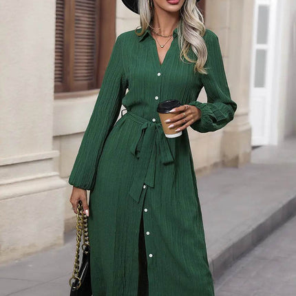 Perfee Texture Tied Collared Neck Button Front Dress - MimiStylez