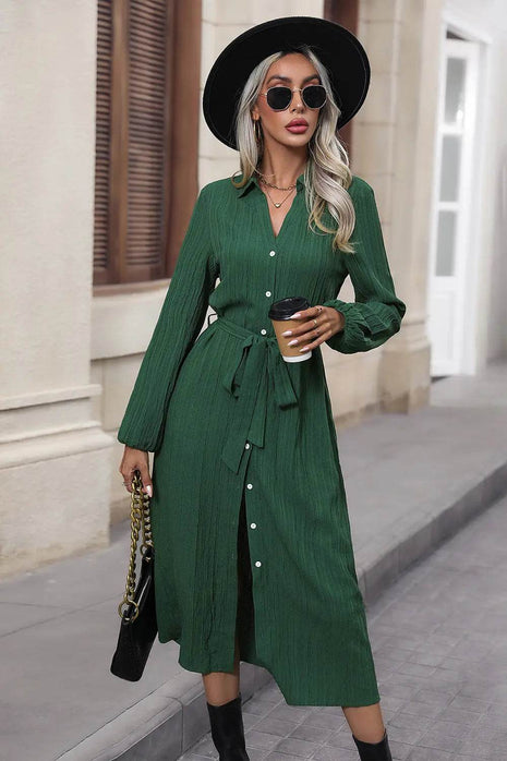 Perfee Texture Tied Collared Neck Button Front Dress - MimiStylez