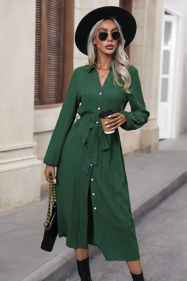 Perfee Texture Tied Collared Neck Button Front Dress - MimiStylez