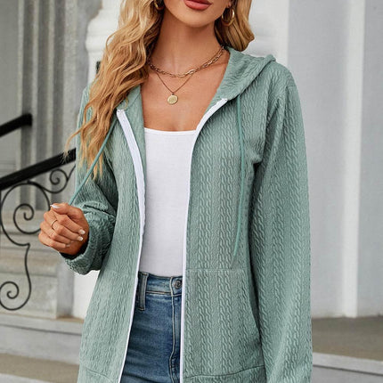 Drawstring Zip Up Long Sleeve Hoodie - MimiStylez