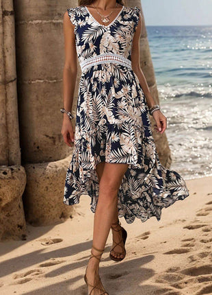 High-Low Printed V-Neck Cap Sleeve Midi Dress - MimiStylez