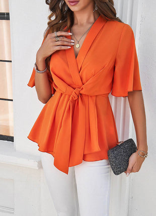 Surplice Tie Waist Half Sleeve Blouse - MimiStylez
