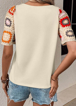 Geometric Round Neck Short Sleeve Blouse - MimiStylez