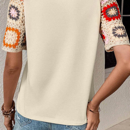 Geometric Round Neck Short Sleeve Blouse - MimiStylez