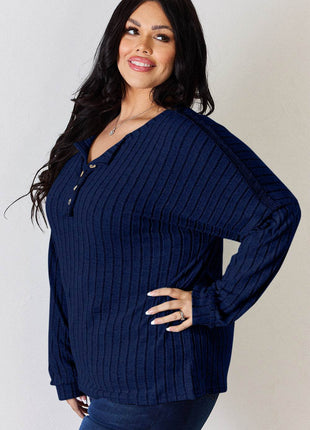 Basic Bae Full Size Ribbed Half Button Long Sleeve T-Shirt - MimiStylez