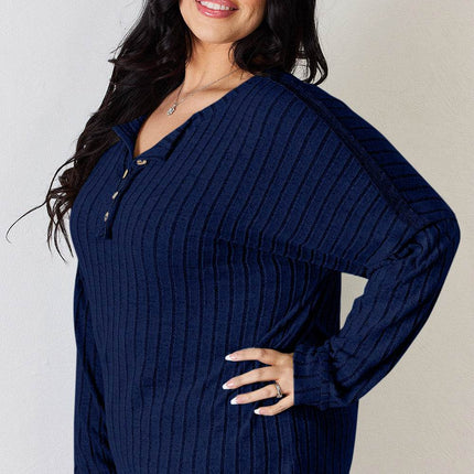 Basic Bae Full Size Ribbed Half Button Long Sleeve T-Shirt - MimiStylez