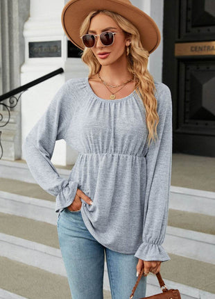 Round Neck Flounce Sleeve Blouse - MimiStylez