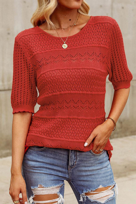 Openwork Round Neck Half Sleeve Knit Top - MimiStylez