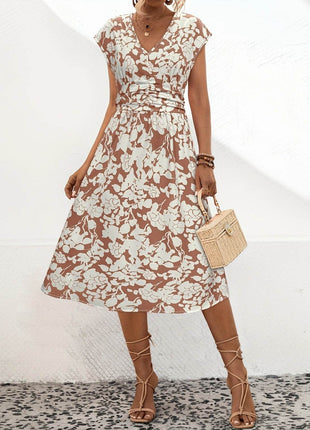 Printed V-Neck Cap Sleeve Midi Dress - MimiStylez