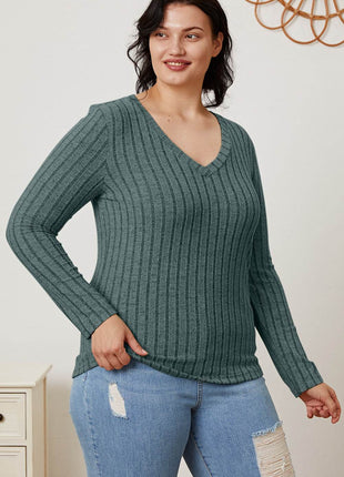 Basic Bae Full Size Ribbed V-Neck Long Sleeve T-Shirt - MimiStylez