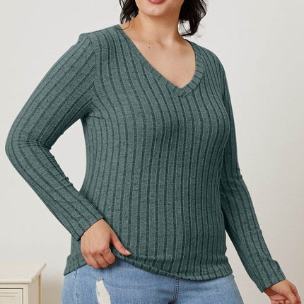 Basic Bae Full Size Ribbed V-Neck Long Sleeve T-Shirt - MimiStylez